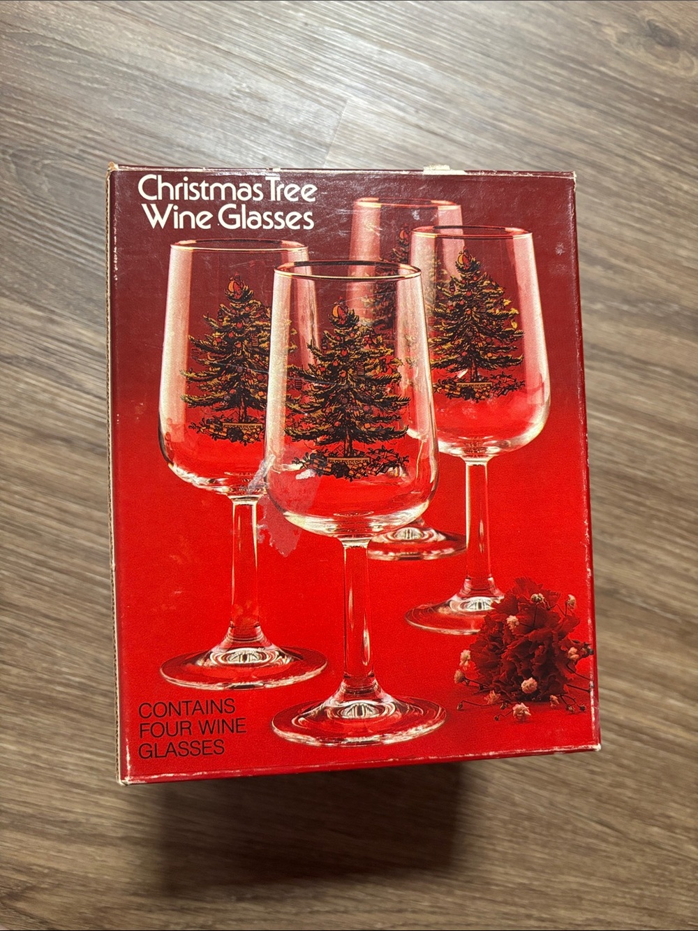 Like NEW Vintage 1990s Spode Christmas Tree Wine Glasses Set of 4 Gold Rim Box